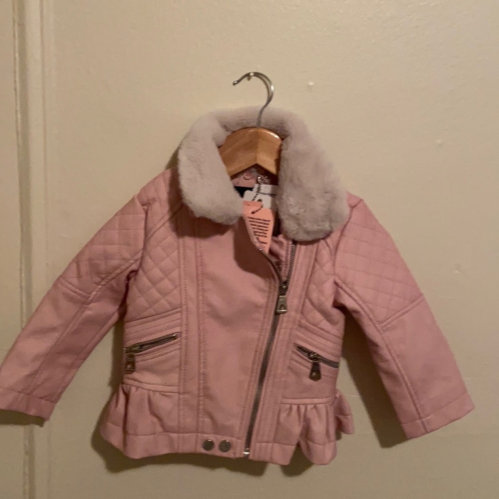 Toddler girl faux leather pink peplum jacket.